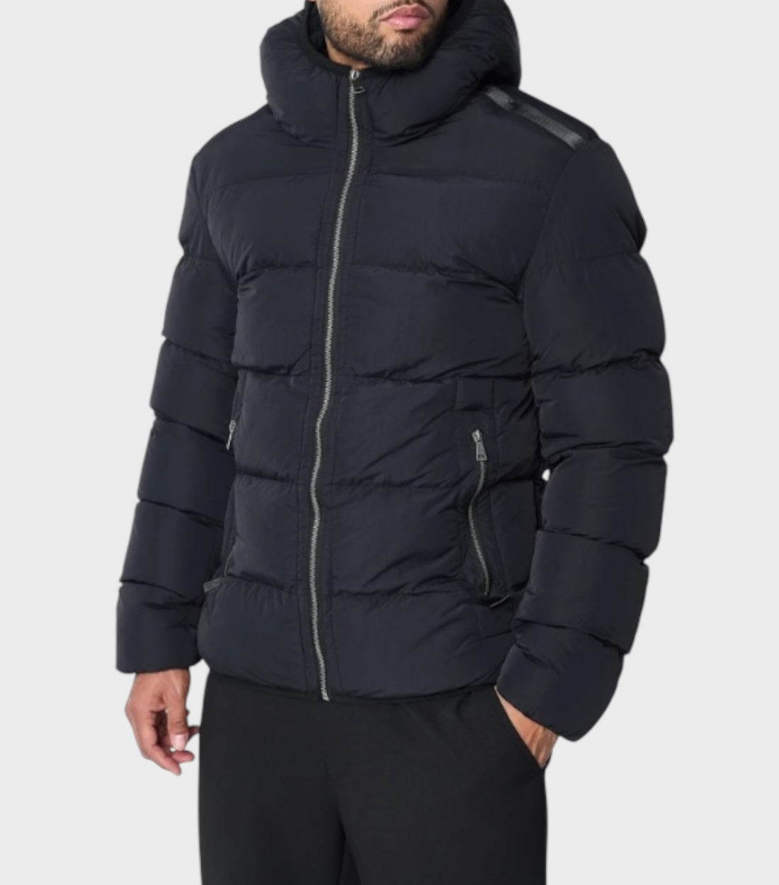 Plain Zwart Nylon Gewatteerde Hooded Jas