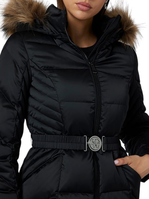 Guess Zwart Long Puffer Donsjas Van Echt Dons