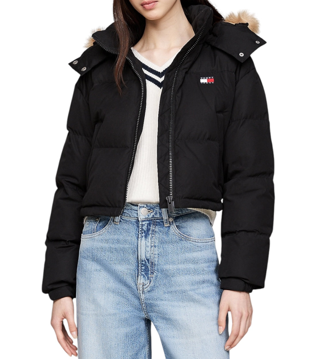 Tommy Hilfiger Zwart Alaska Cropped Pufferjack Met Donsvulling