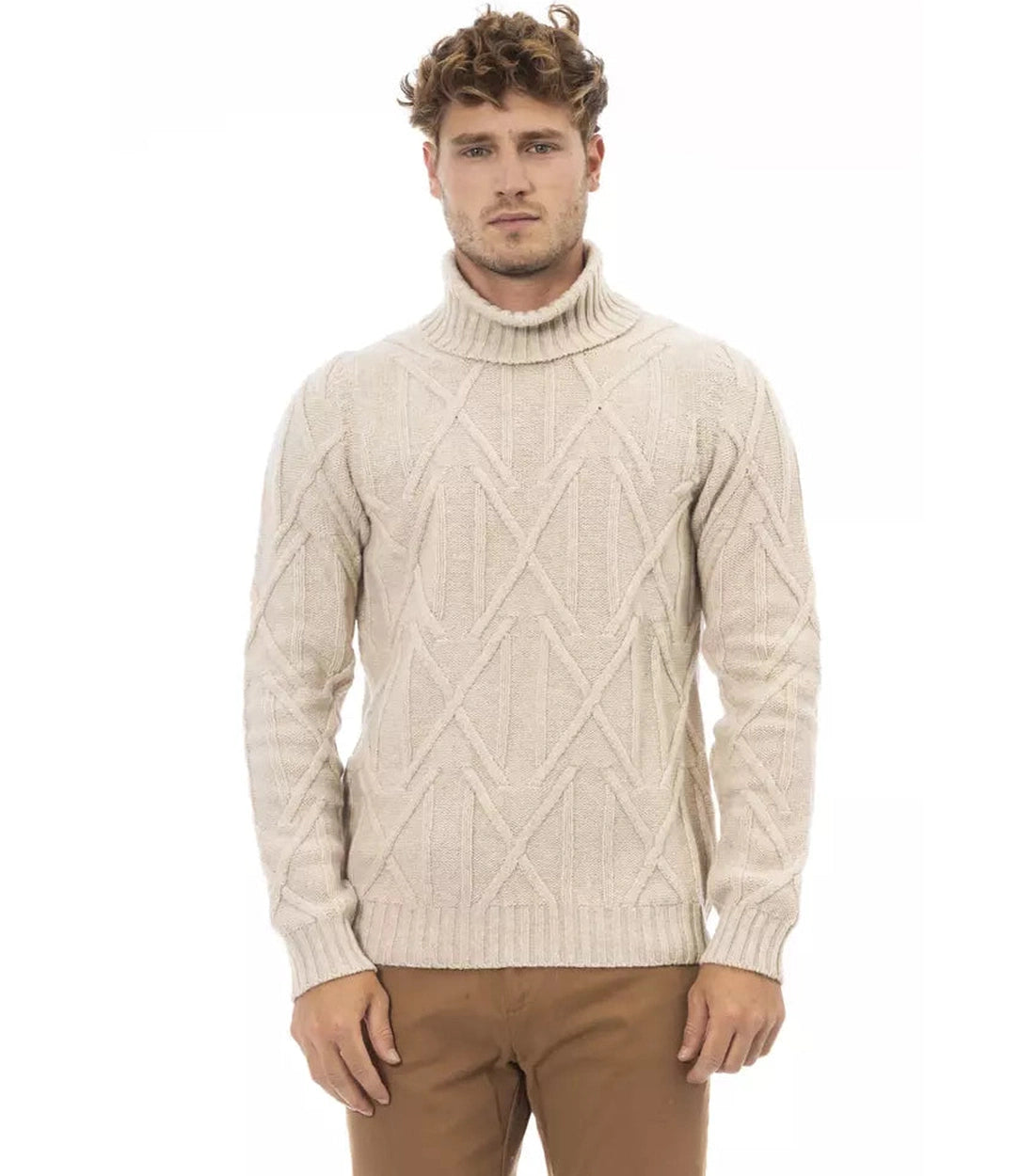 Alpha Studio Beige Merino Wol Heren Trui met Col