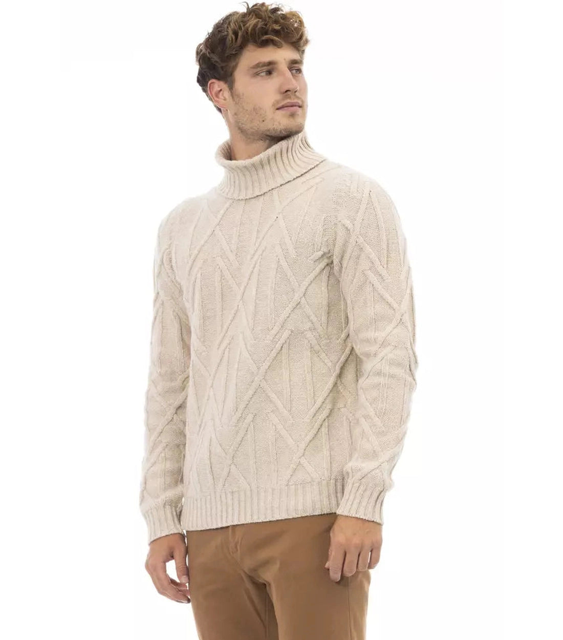 Alpha Studio Beige Merino Wol Heren Trui met Col