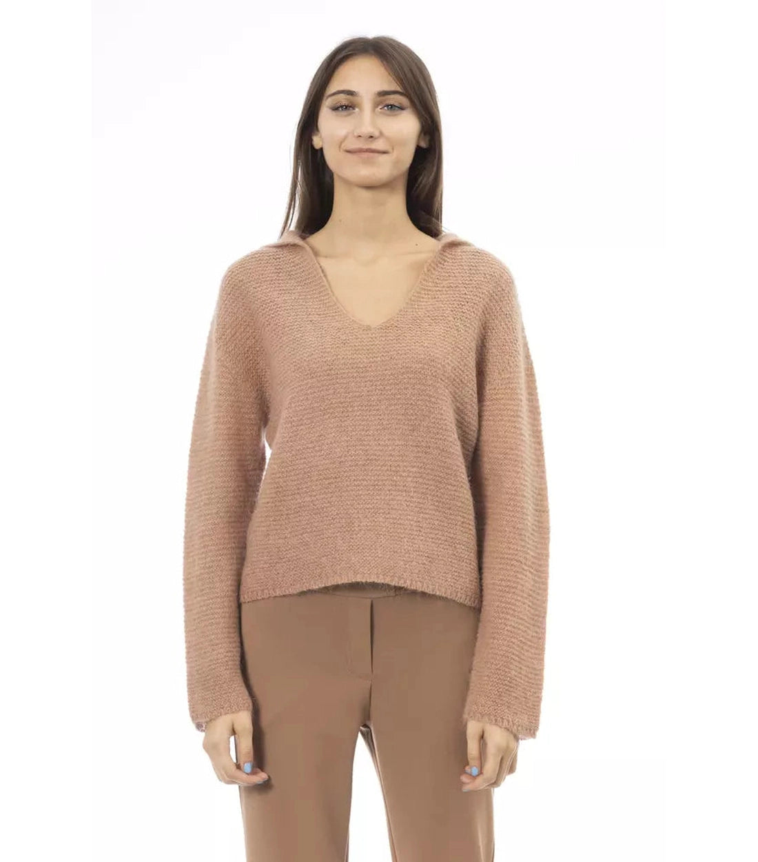 Alpha Studio Beige Merino Wol Dames Trui met V-hals