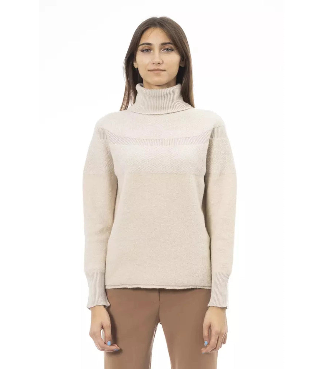 Alpha Studio Beige Alpaca Dames Trui met Col