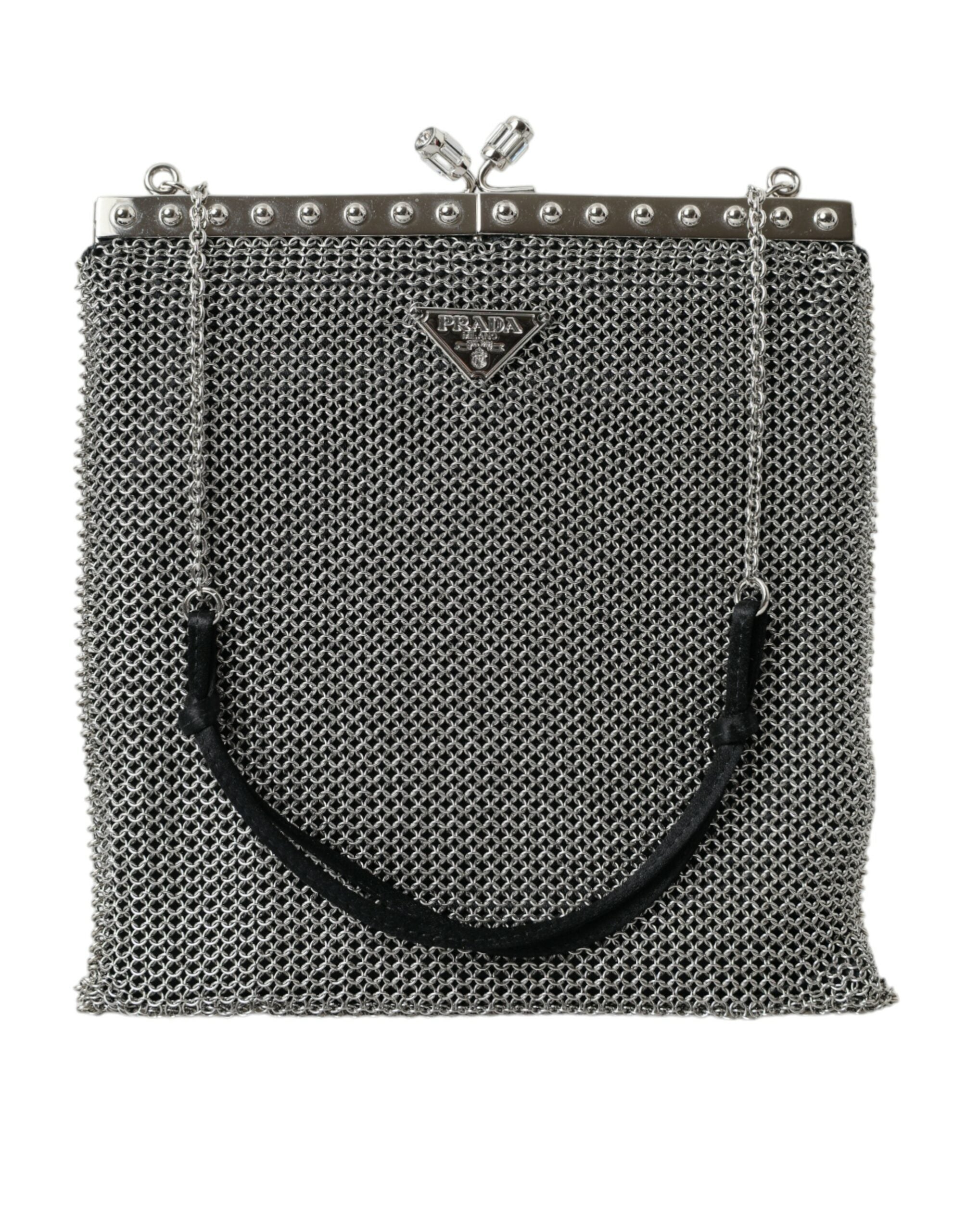 Prada Elegant Silver Mesh Schulterabendtasche