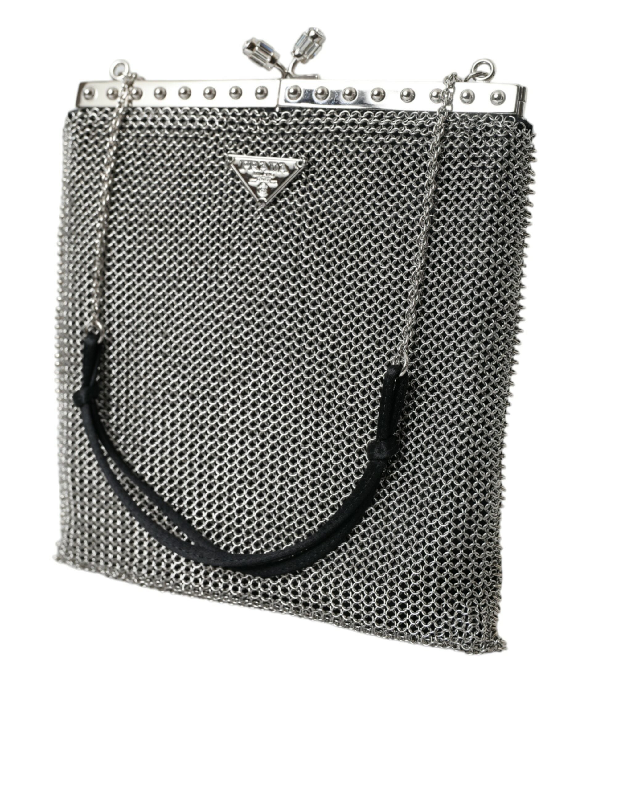 Prada Elegant Zilver Mesh Schouder Avond Tas