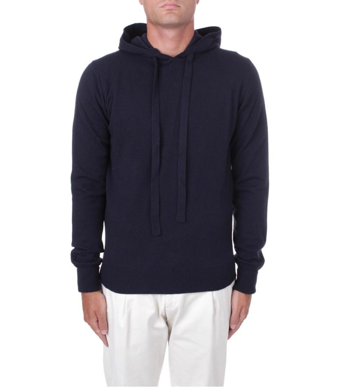 Alpha Studio Blauwe Merino Wol Hoodie met Trekkoord