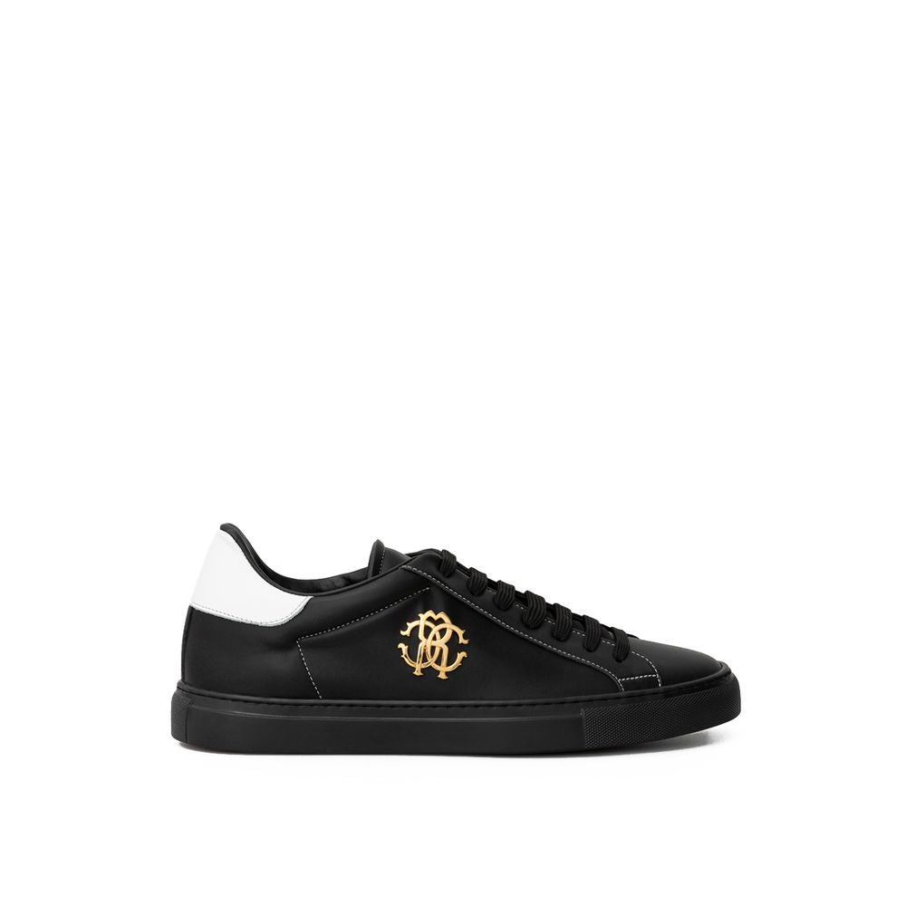 Roberto Cavalli Zwart Leren Sneakers Met Goud Logo