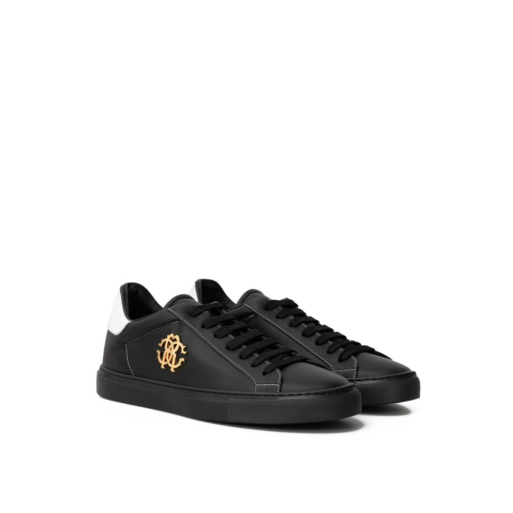 Roberto Cavalli Zwart Leren Sneakers Met Goud Logo