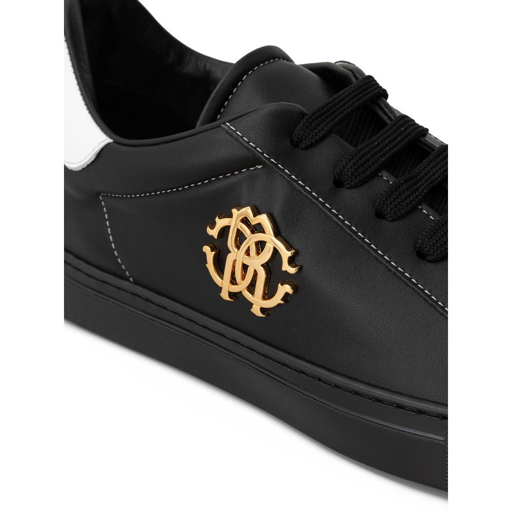 Roberto Cavalli Zwart Leren Sneakers Met Goud Logo