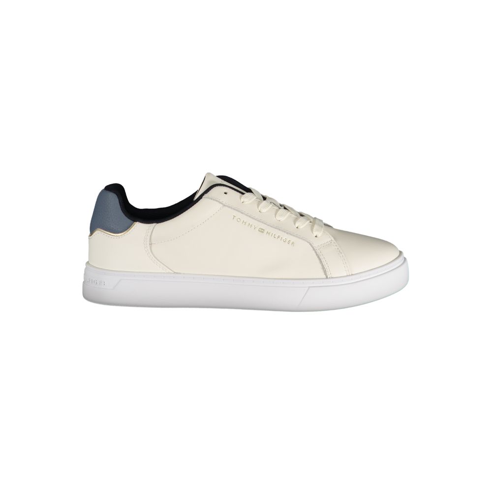 Tommy Hilfiger Beige Leren Dames Sneaker Met Blauwe Accenten