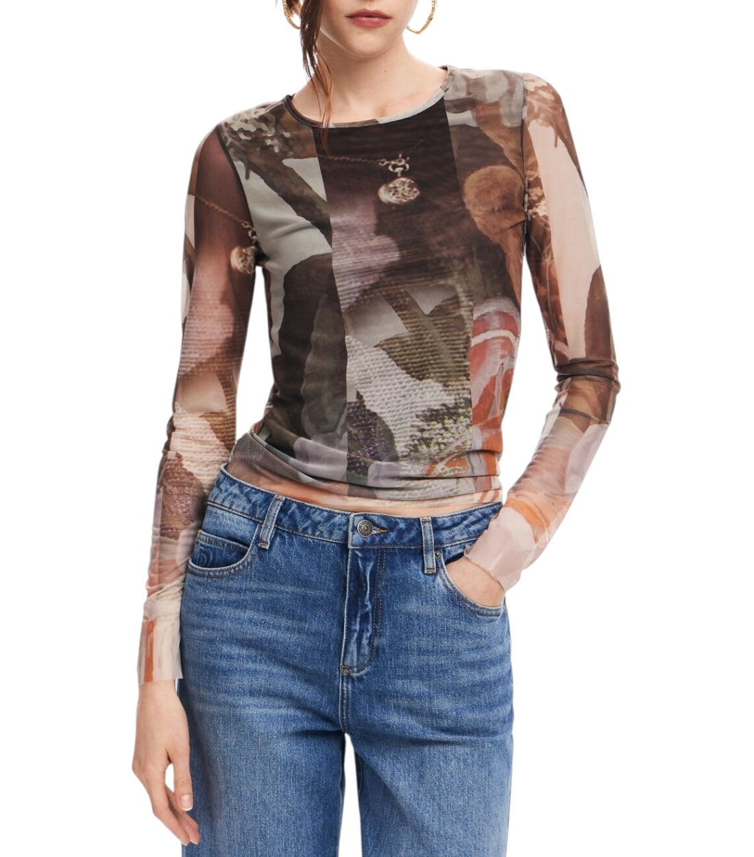 Desigual Bruine T-shirt Met Bloemenprint