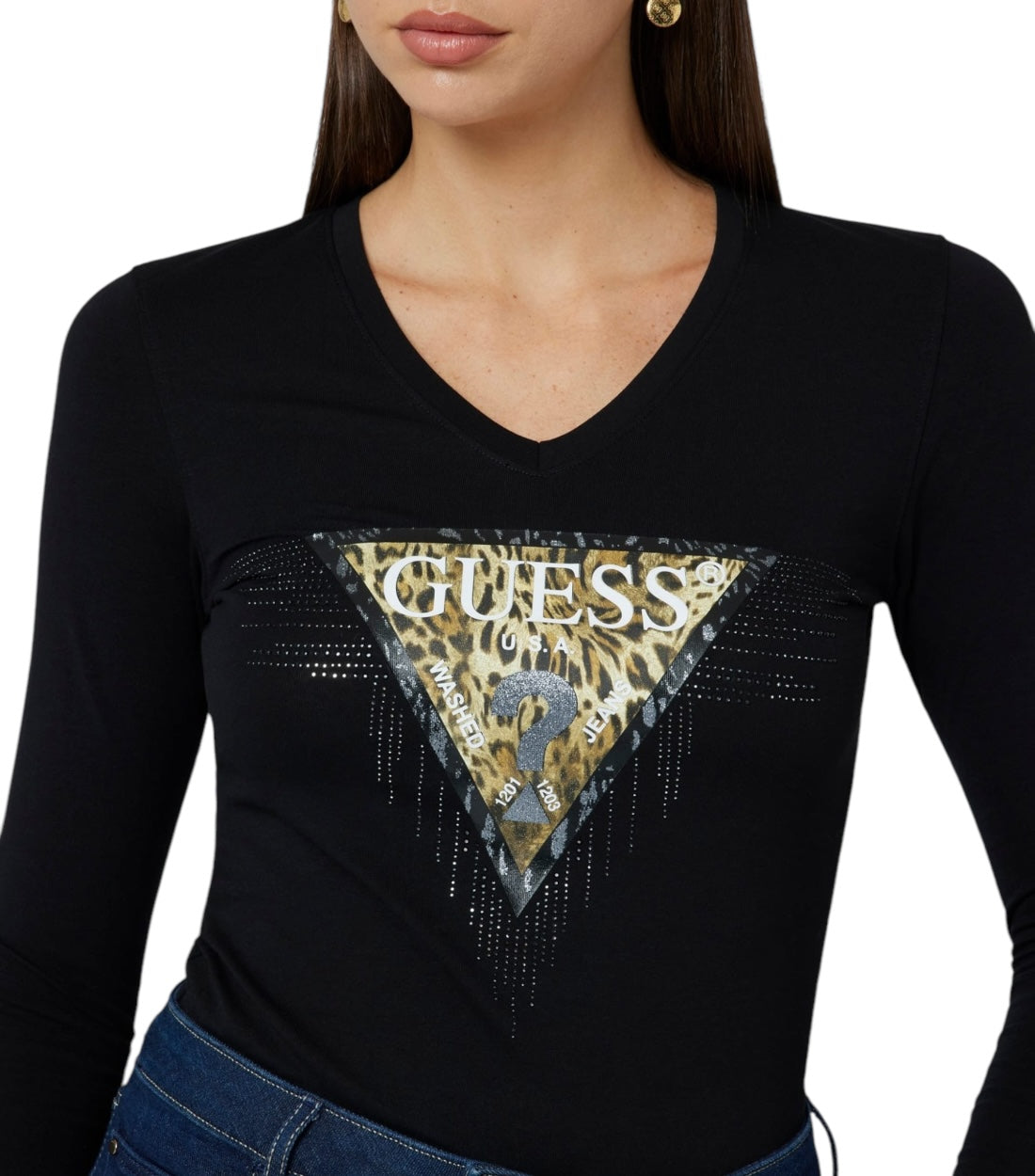 Guess Zwart T-shirt Met Driehoek Dierenlogo