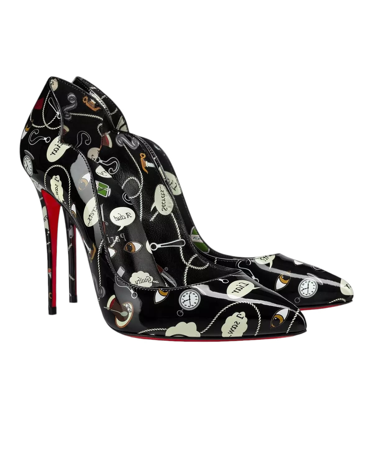 Christian Louboutin Hot Chick 100 Black Weapons Print Patent Leather High Heel Pumps