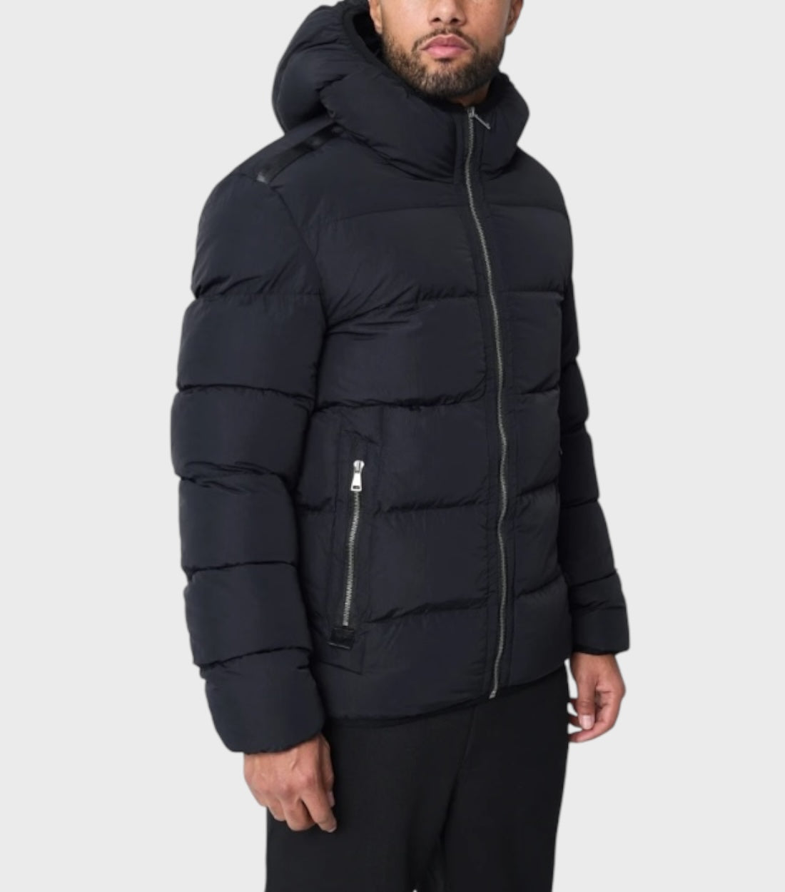 Plain Zwart Nylon Gewatteerde Hooded Jas